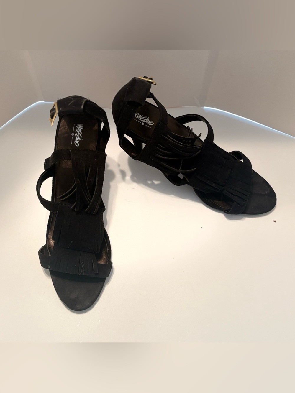 Mossimo Black Suede Fringe Block Heel Sandals